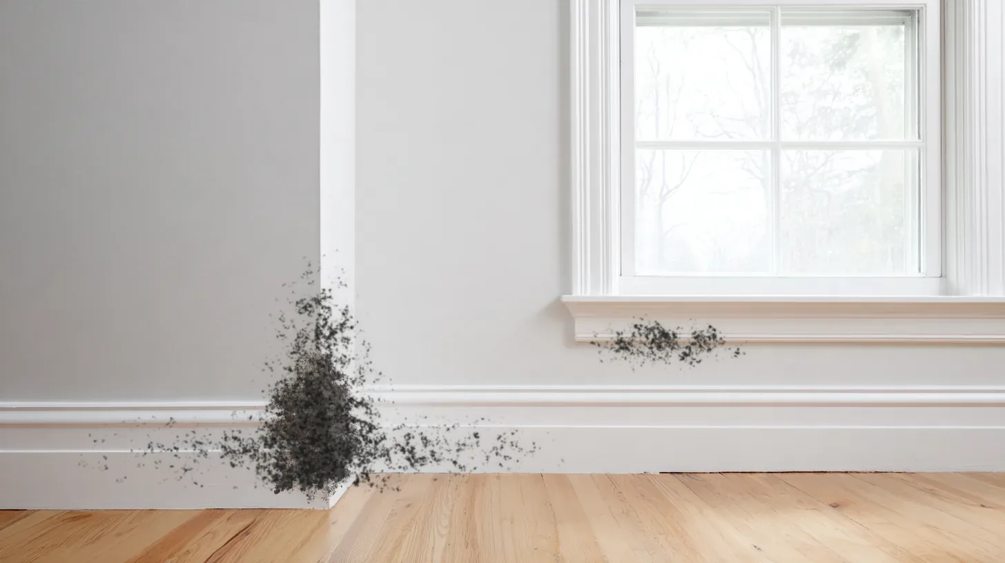 A white interior wall in a Florida home with black mold growing up the inside corner, along the baseboard and under the window sill