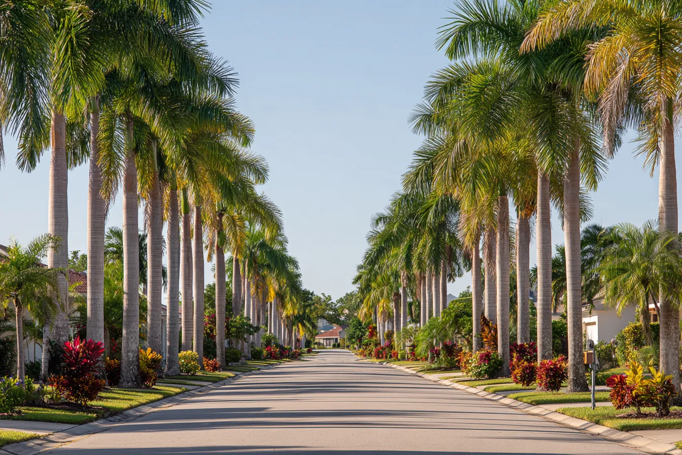 A royal palm lined boulevard with a planted median through a quiet Southwest Florida neighborhood in morning light
