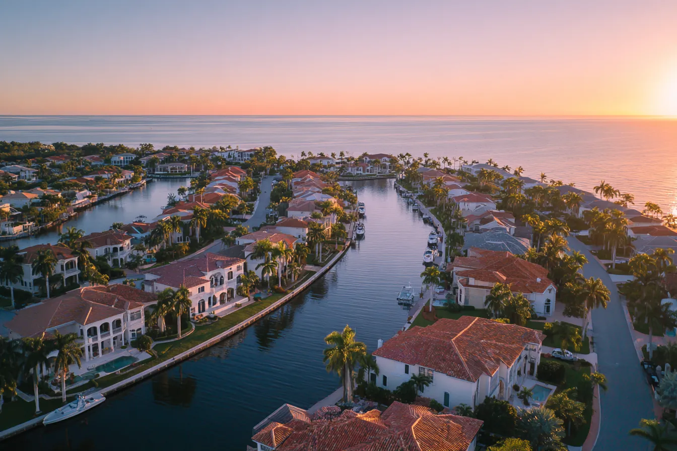 Golden-hour aerial view over a Southwest Florida coastal neighborhood of canals, tile roofs and palms, the Gulf beyond