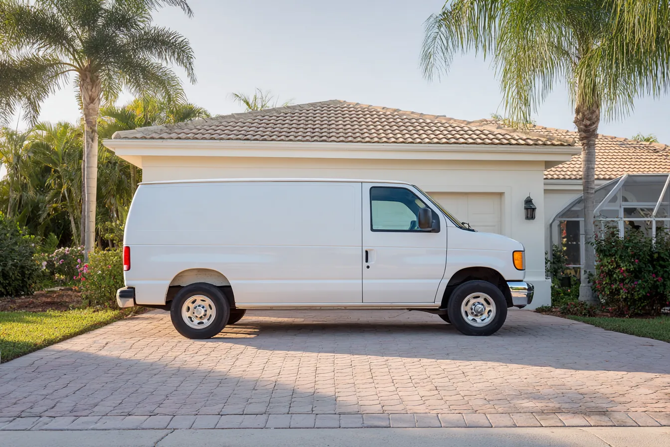 An unmarked white service van in the paver driveway of a tile-roofed Florida home, a screened pool cage at the side