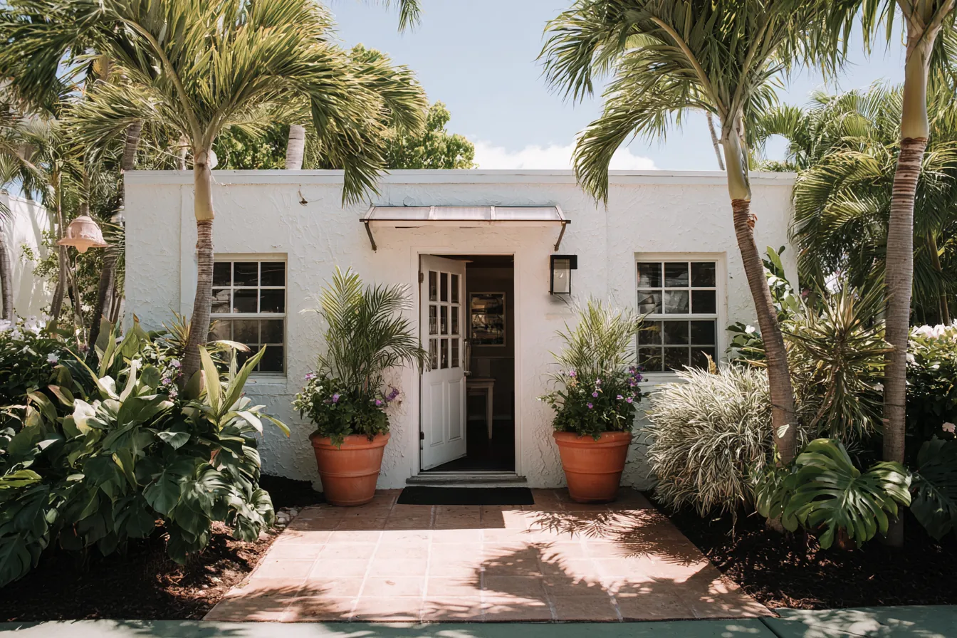 A small white stucco office with its door open, terracotta planters and palms along a sunlit walk