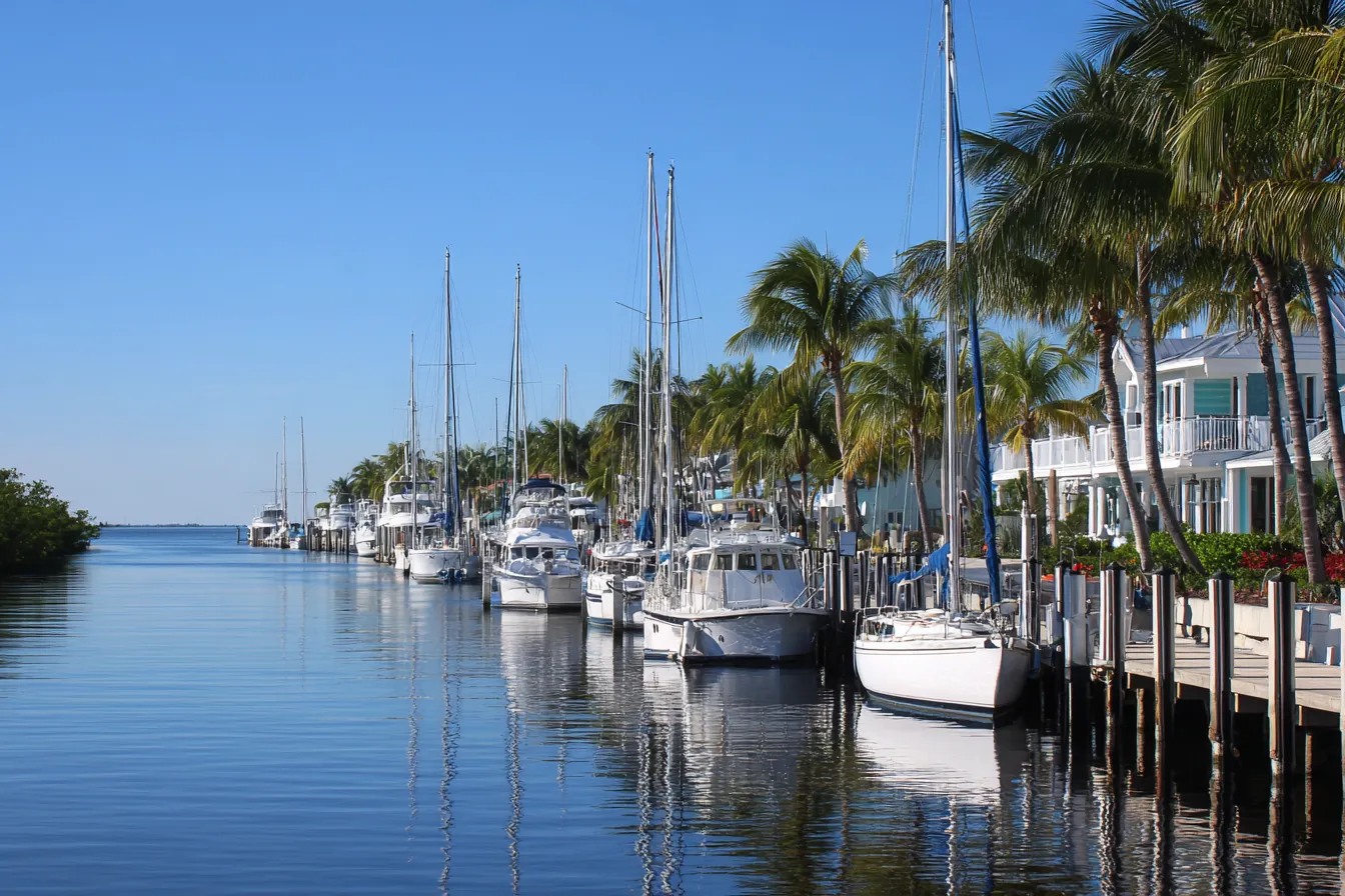 Sailboats and motor yachts at their slips in a palm-lined marina on a clear morning