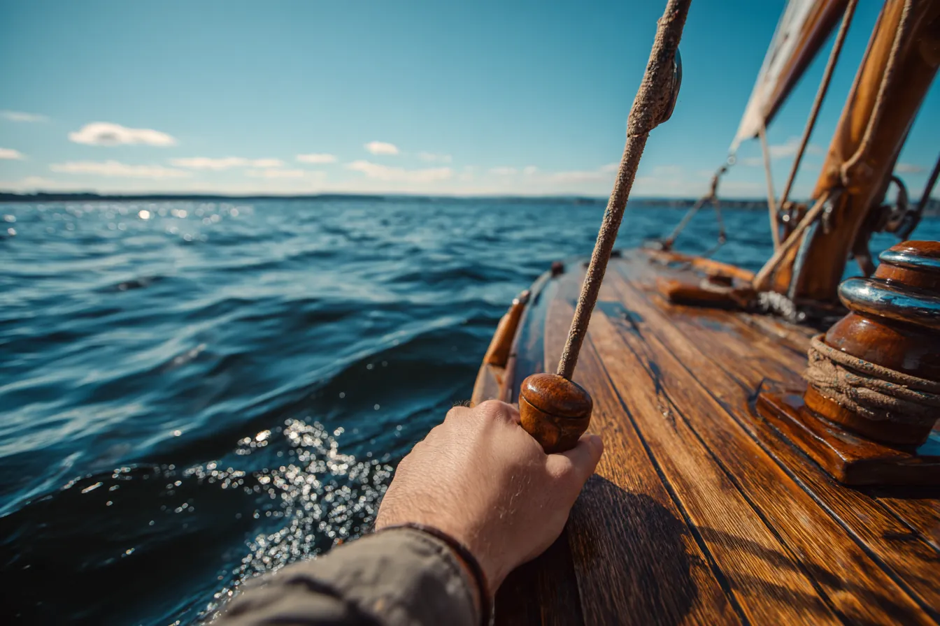 A hand on the wooden tiller of a small sailboat on open blue water