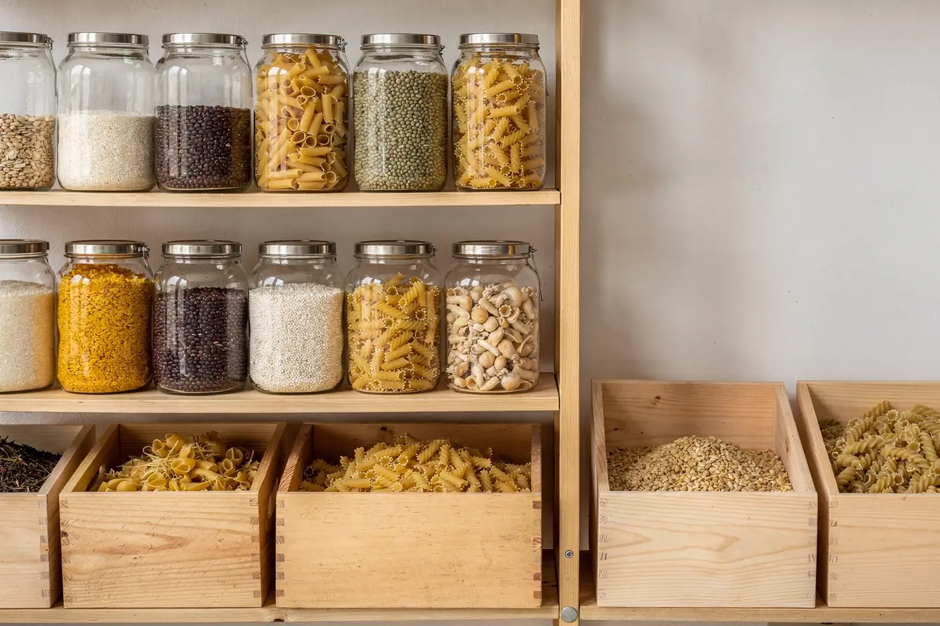 Community pantry shelves of glass jars of beans, rice and pasta beside plain bulk bins