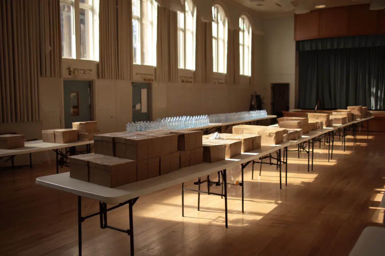 Folding tables set with stacked boxes and water bottles in an empty community hall, ready for volunteers