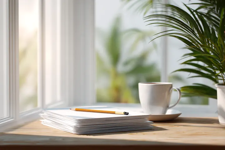 A bright window ledge desk with a stack of blank paper, a pencil and a white cup beside a potted palm