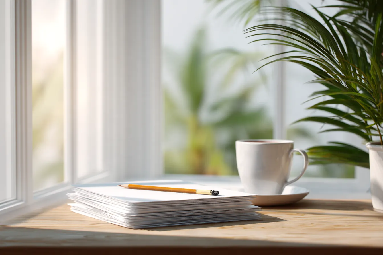 A bright window ledge desk with a stack of blank paper, a pencil and a white cup beside a potted palm
