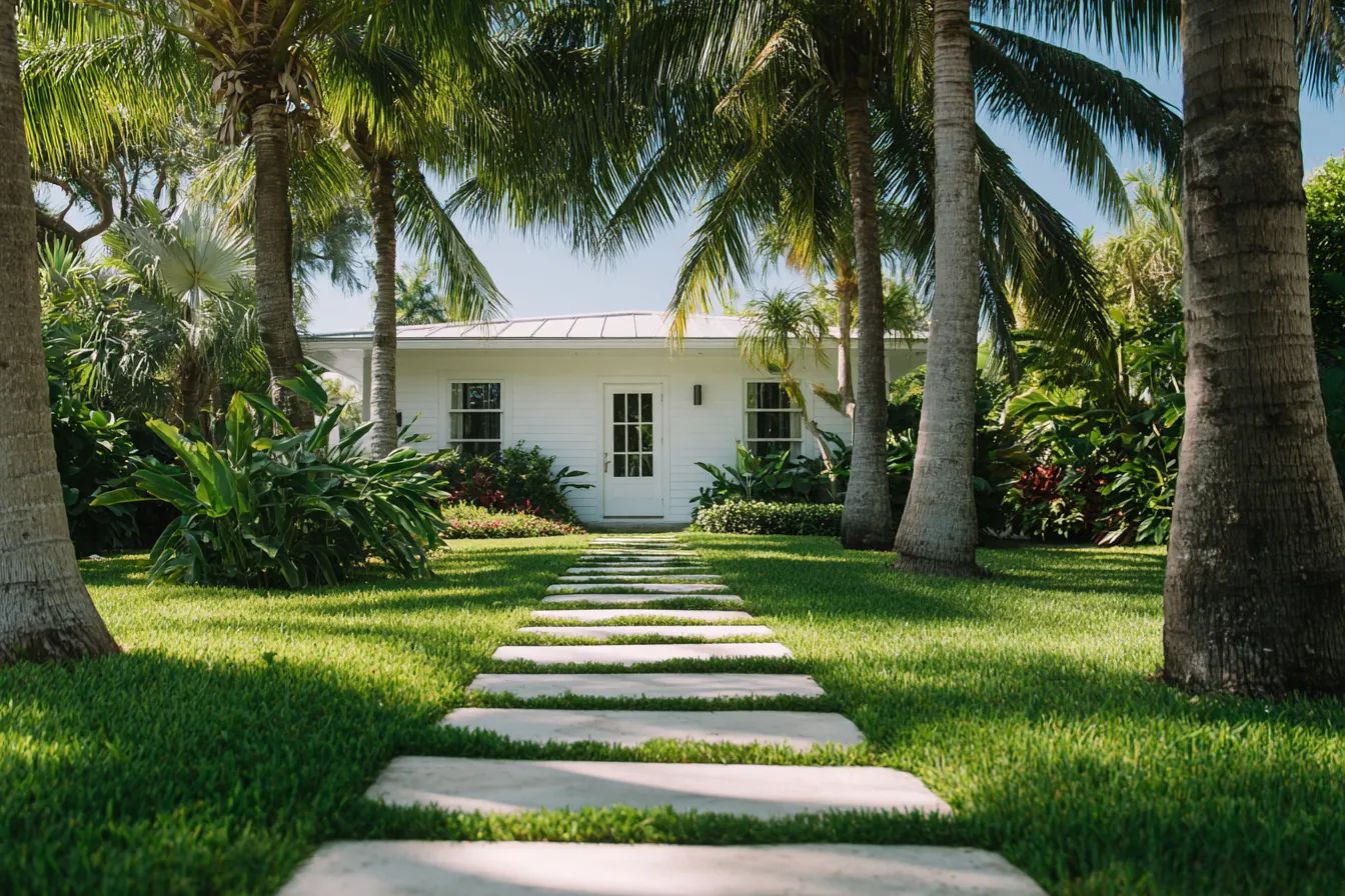 Pale stepping stones across a green lawn leading to a white Florida home under palms