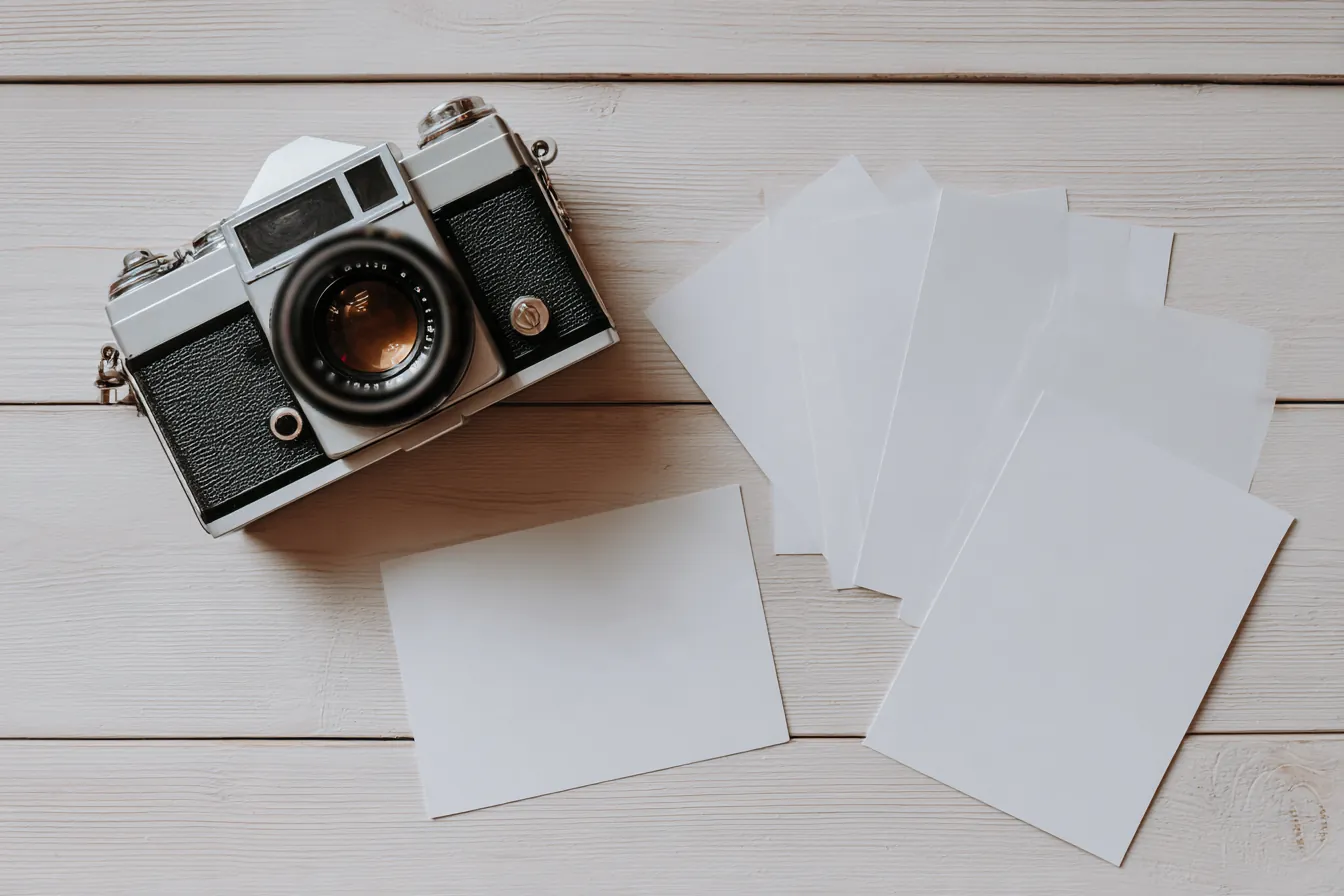 A vintage film camera beside blank-backed photo prints on a white wood table, seen from above