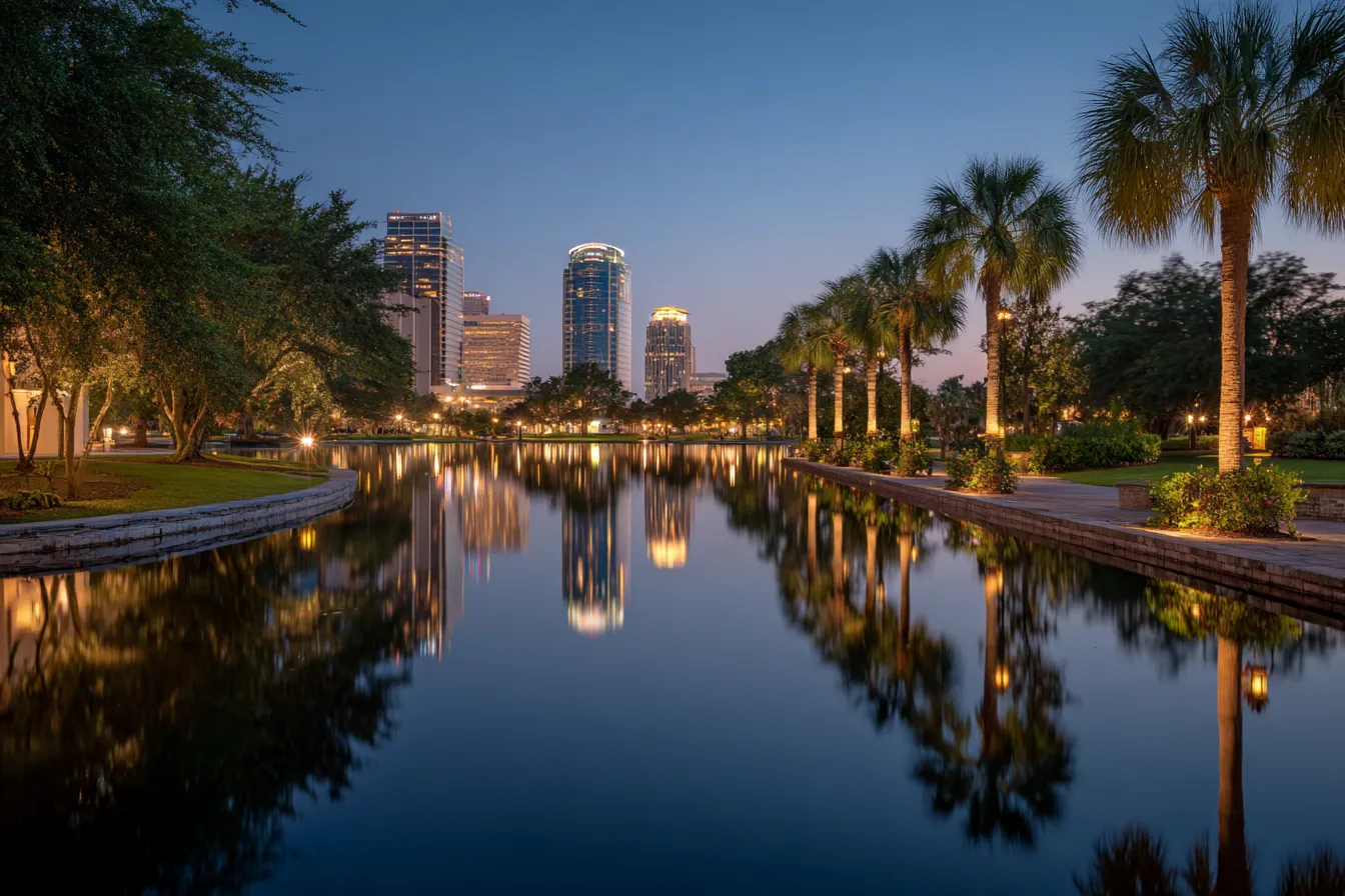A calm city lake at dusk ringed by palms and oaks, generic downtown towers lit beyond the water
