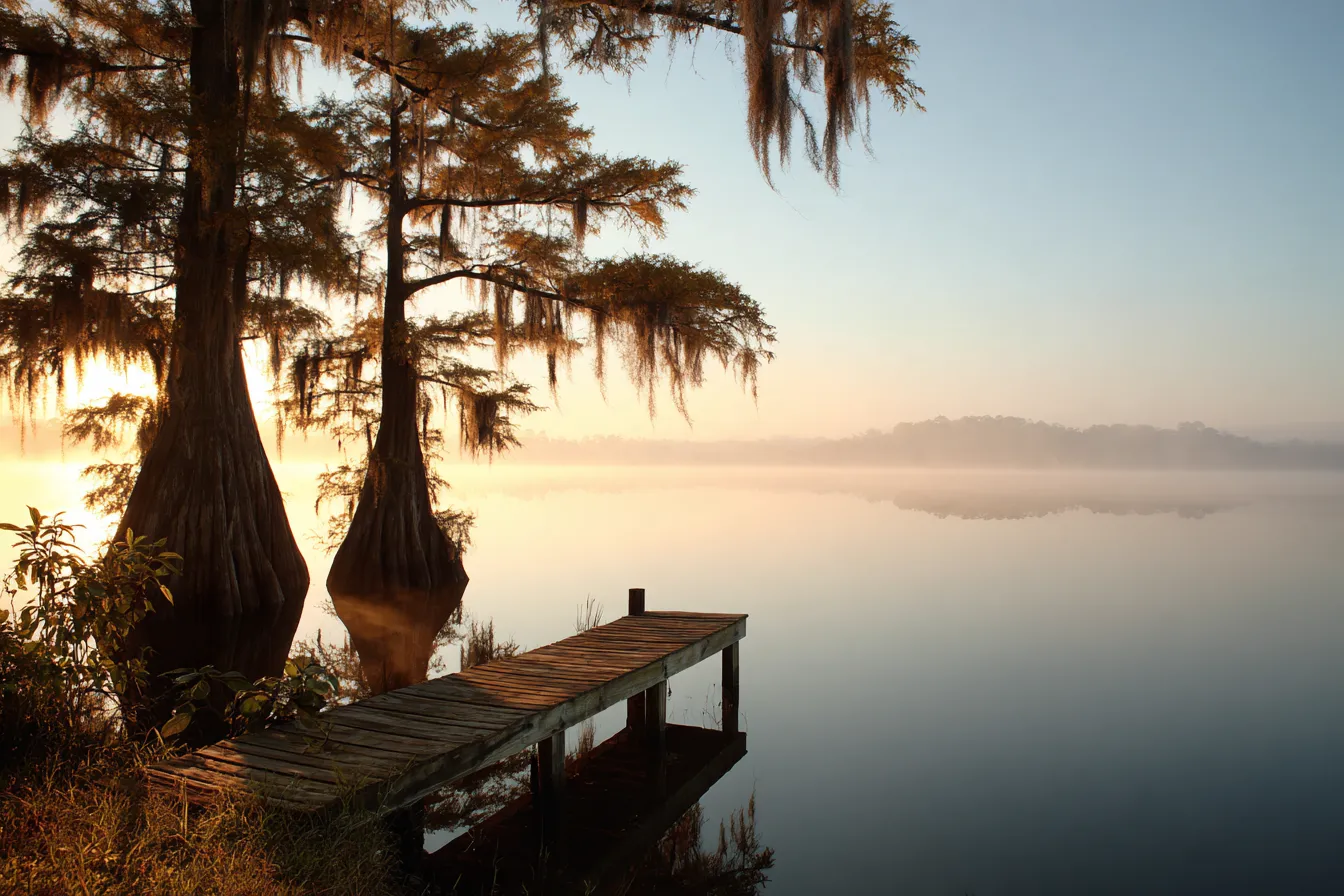 A quiet Central Florida lake at sunrise with cypress trees and a small wooden dock in morning mist