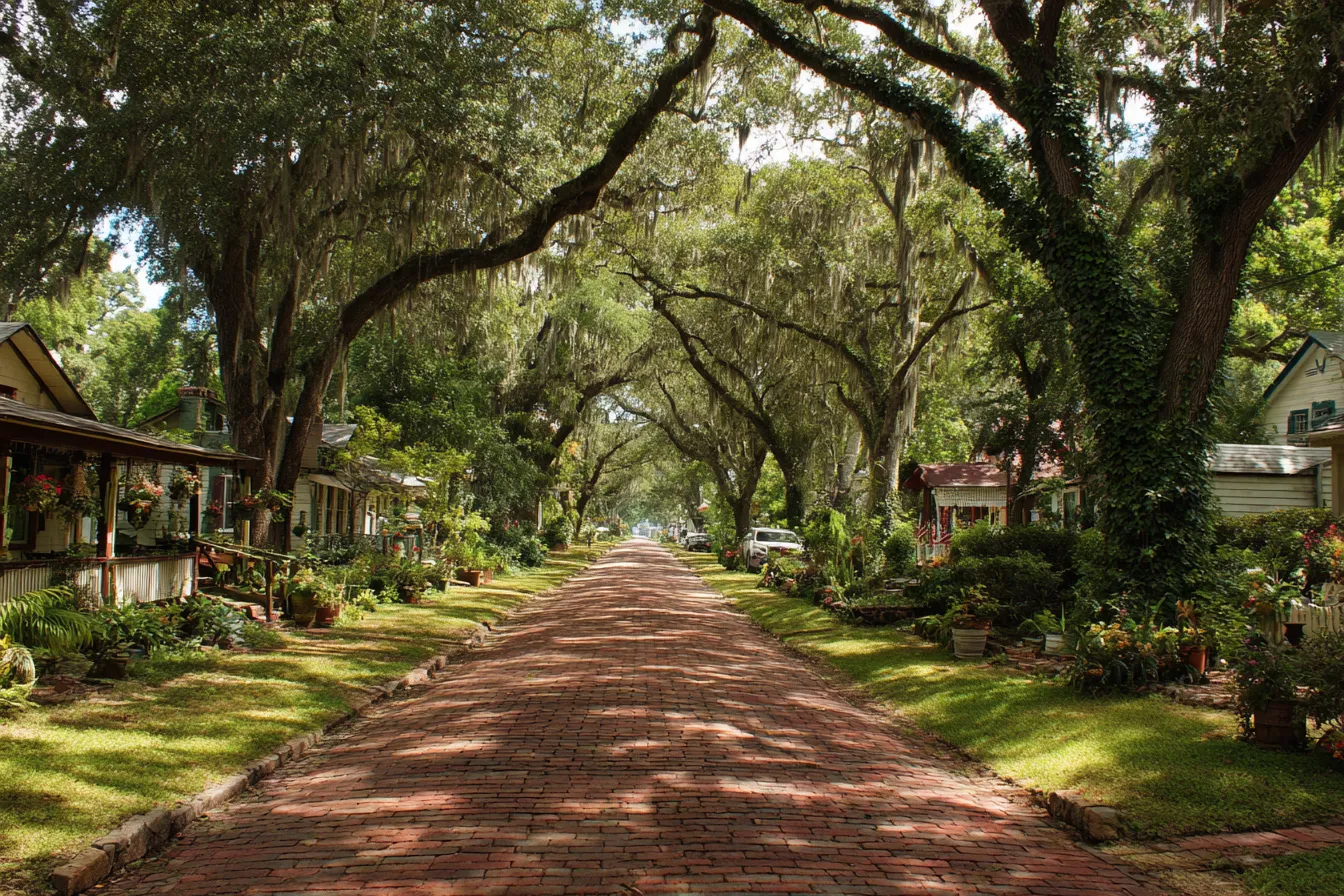 A brick-paved street under arching live oaks hung with Spanish moss, small shops along one side