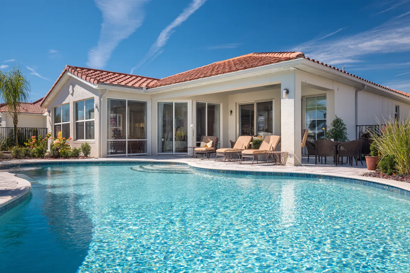 A resort vacation home with a screened pool and lounge chairs on a sunny afternoon in a planned community