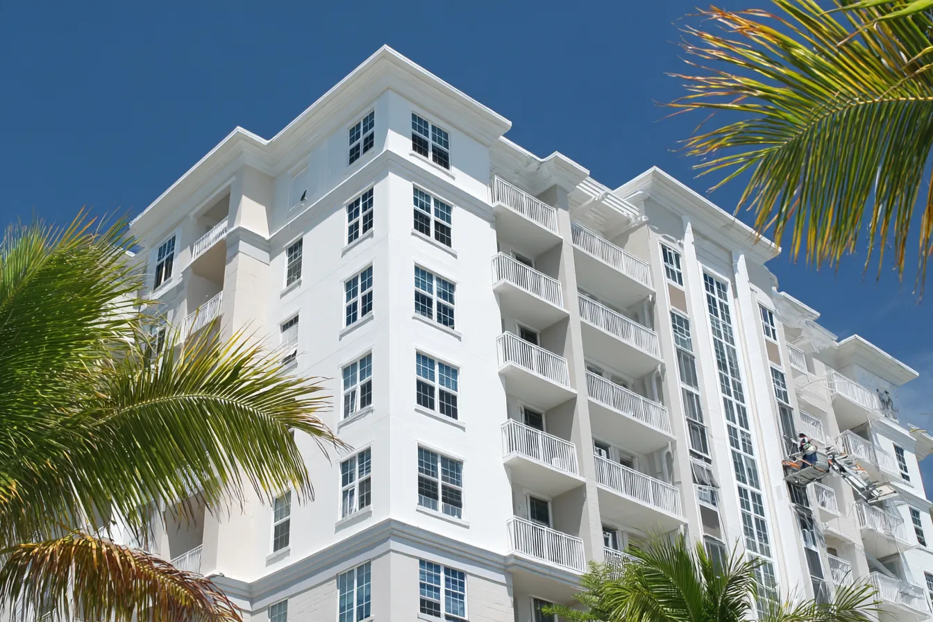 A mid-rise white condominium building with rows of balconies against a clear blue sky, palms in front