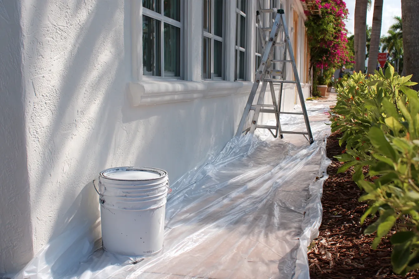 Plastic sheeting spread on the ground along the base of a stucco wall, with a ladder, a covered paint bucket and closed windows above