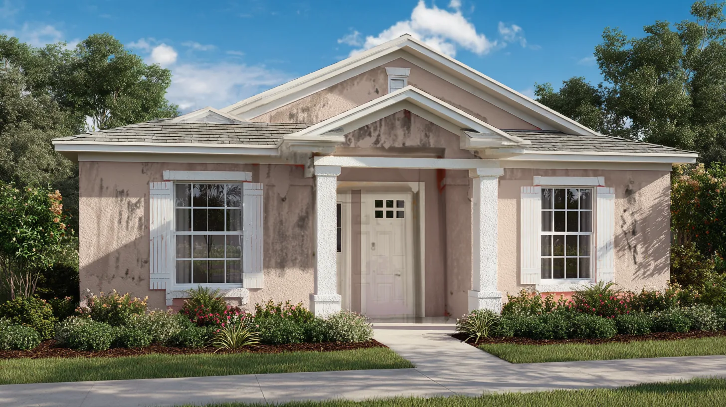 Straight-on view of a one-story stucco Southwest Florida home with faded, chalky beige paint and dark mildew stains on its walls and front gable