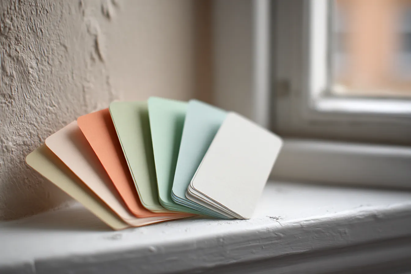Fanned paint color sample cards in soft coastal tones resting on a stucco ledge beside a freshly painted wall