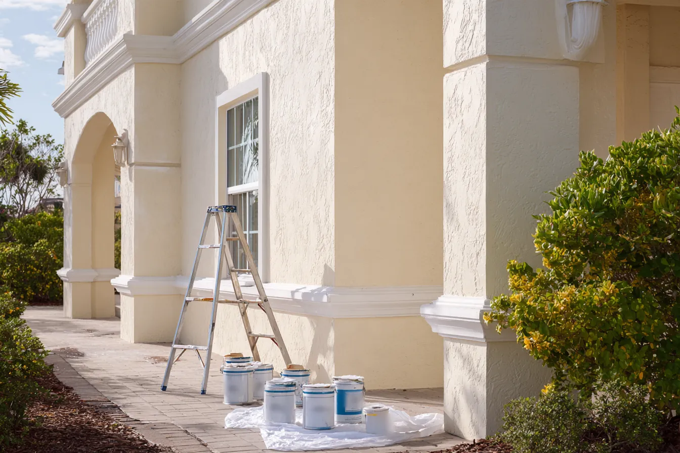 A stepladder and paint cans on drop cloth beside the arched entry of a cream stucco home