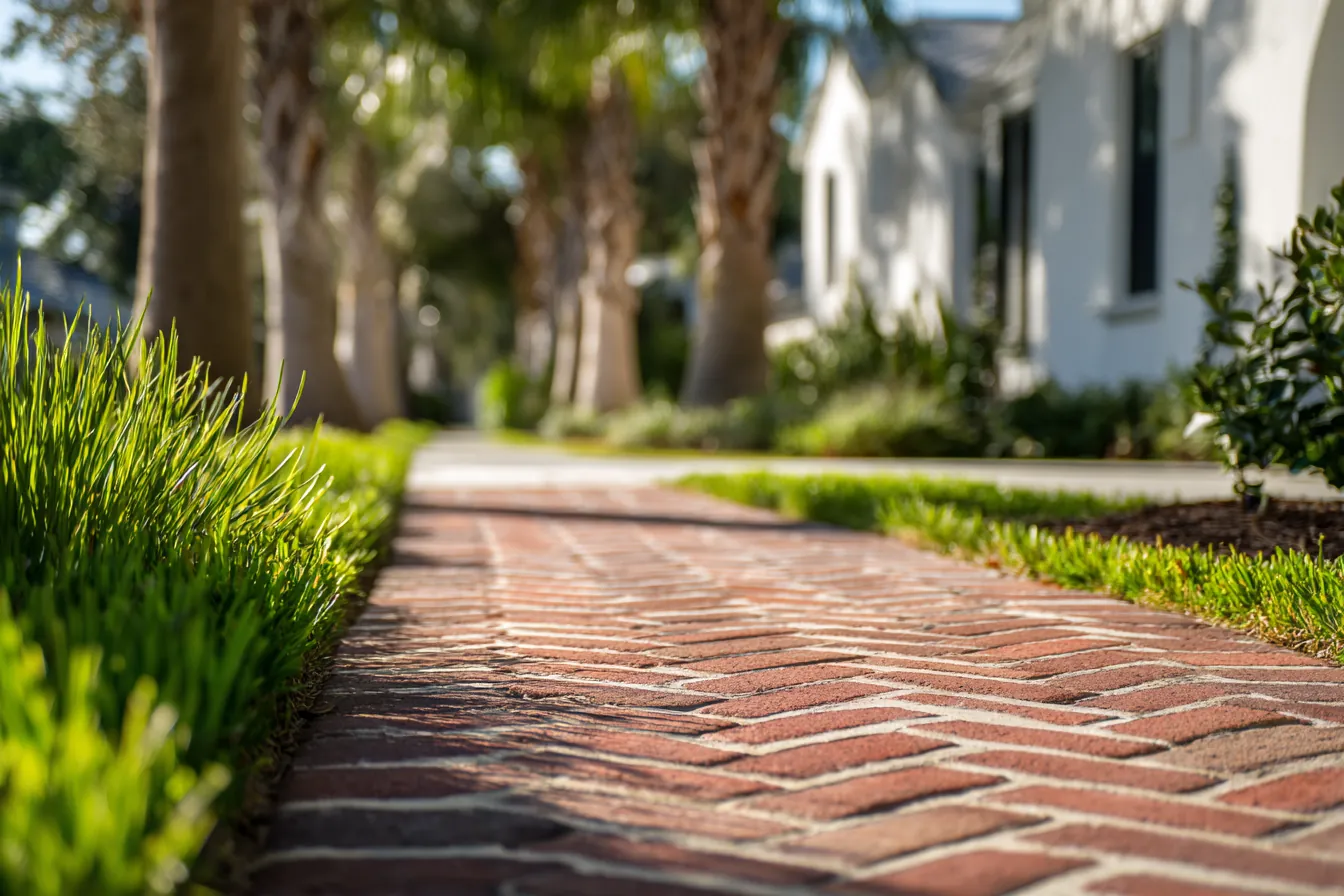 A herringbone brick paver apron between strips of grass, with palms and a white home behind