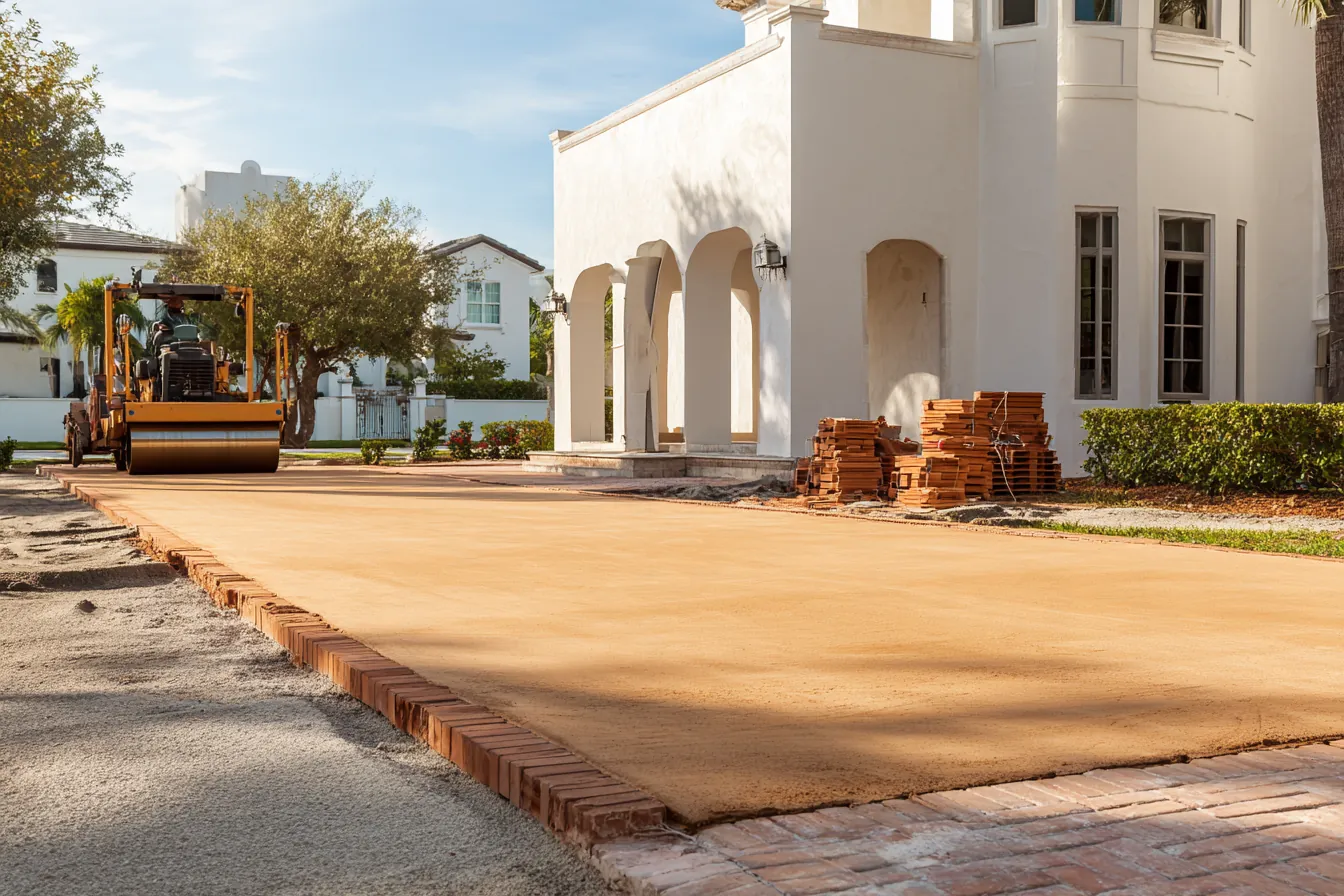 A driveway under construction: a compacted base with a brick edge, stacked pavers and a roller beside a white stucco home