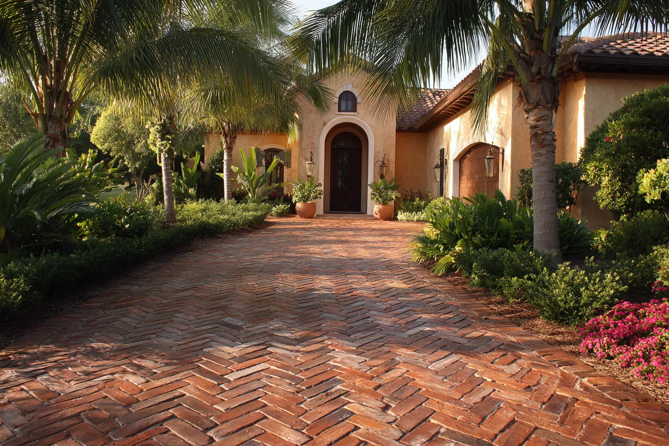 Herringbone brick paver driveway leading to a Mediterranean-style Florida home