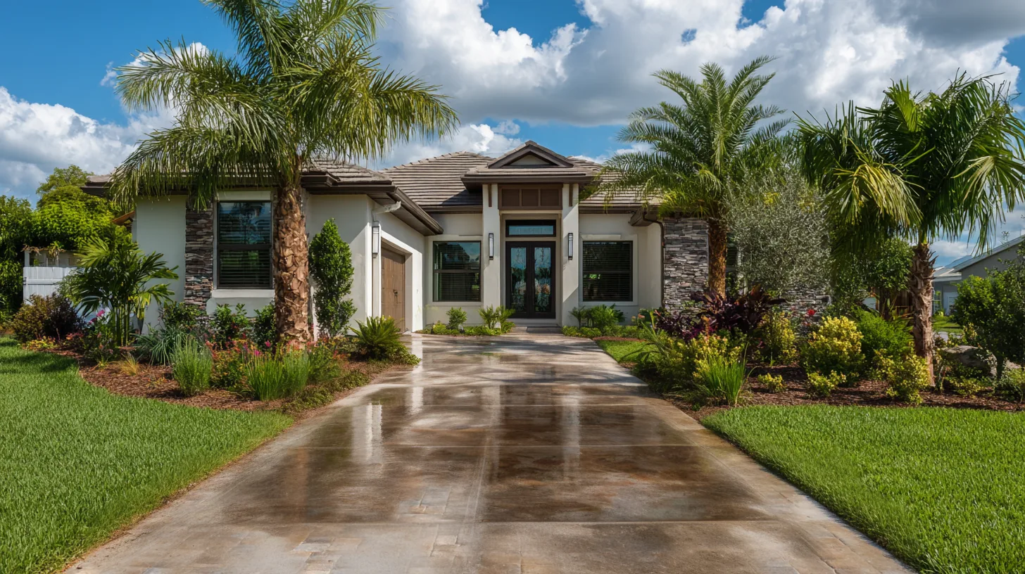Straight-on view of a one-story Southwest Florida home with an old stained concrete driveway running to the front entry