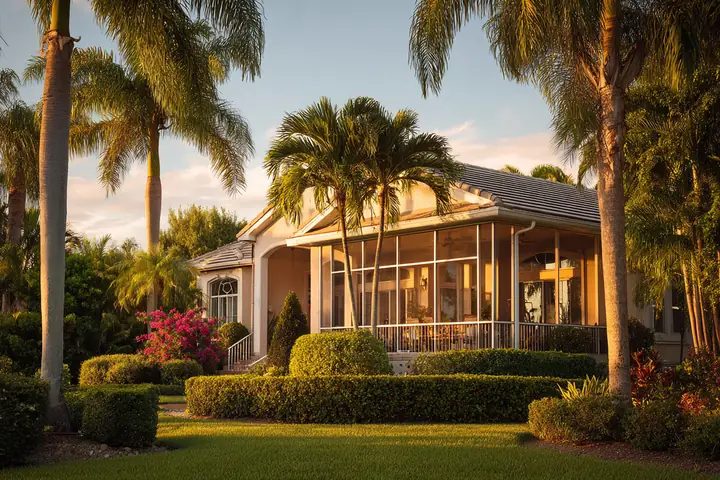 A Southwest Florida home at golden hour, a clipped hedge along the foundation and a screened lanai under palms