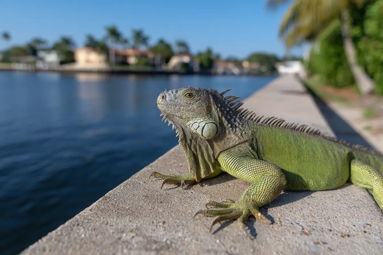 A green iguana basking on a concrete seawall cap beside a calm canal