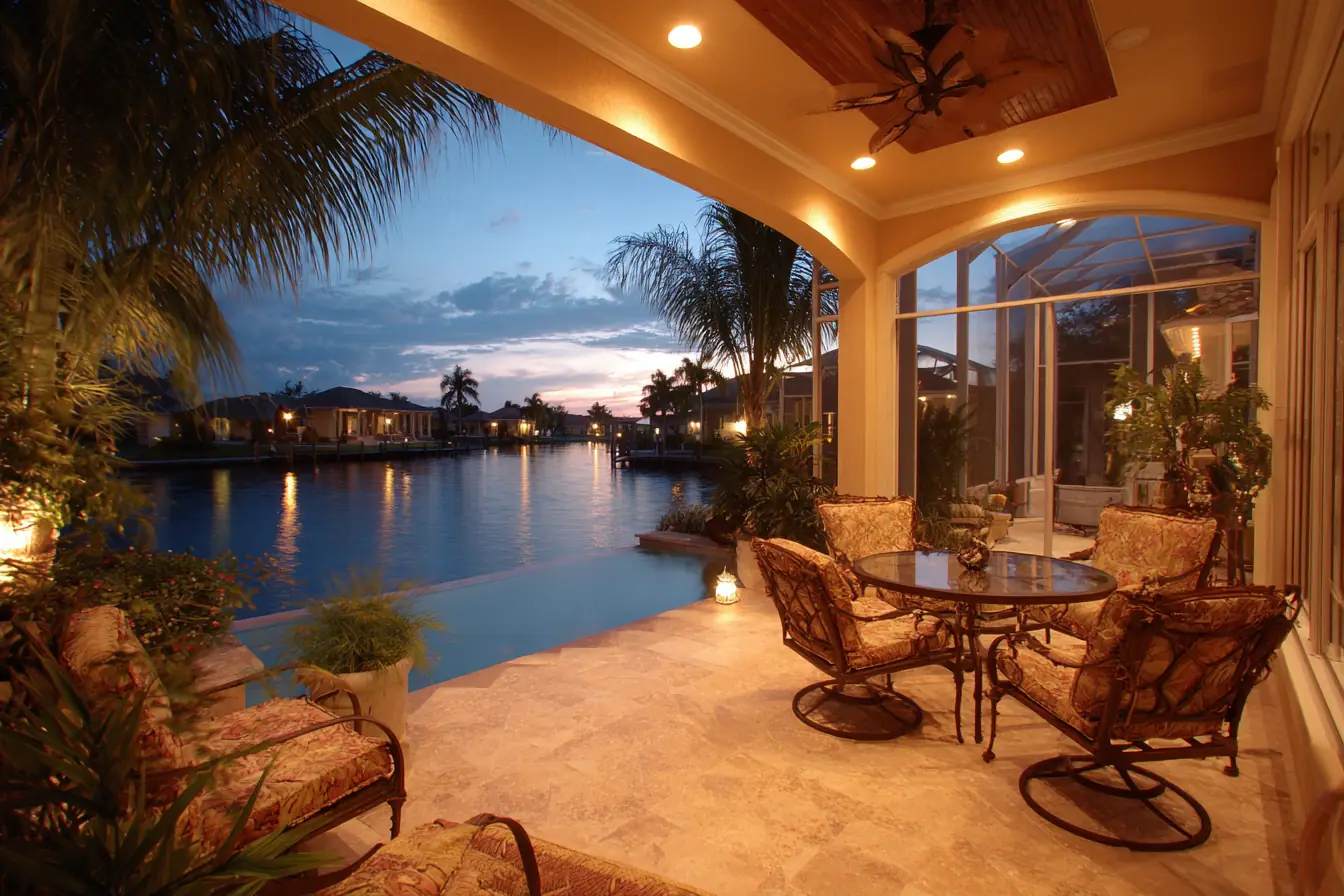 A screened Southwest Florida lanai at dusk, a ceiling fan and patio chairs, a canal and palms beyond the screen