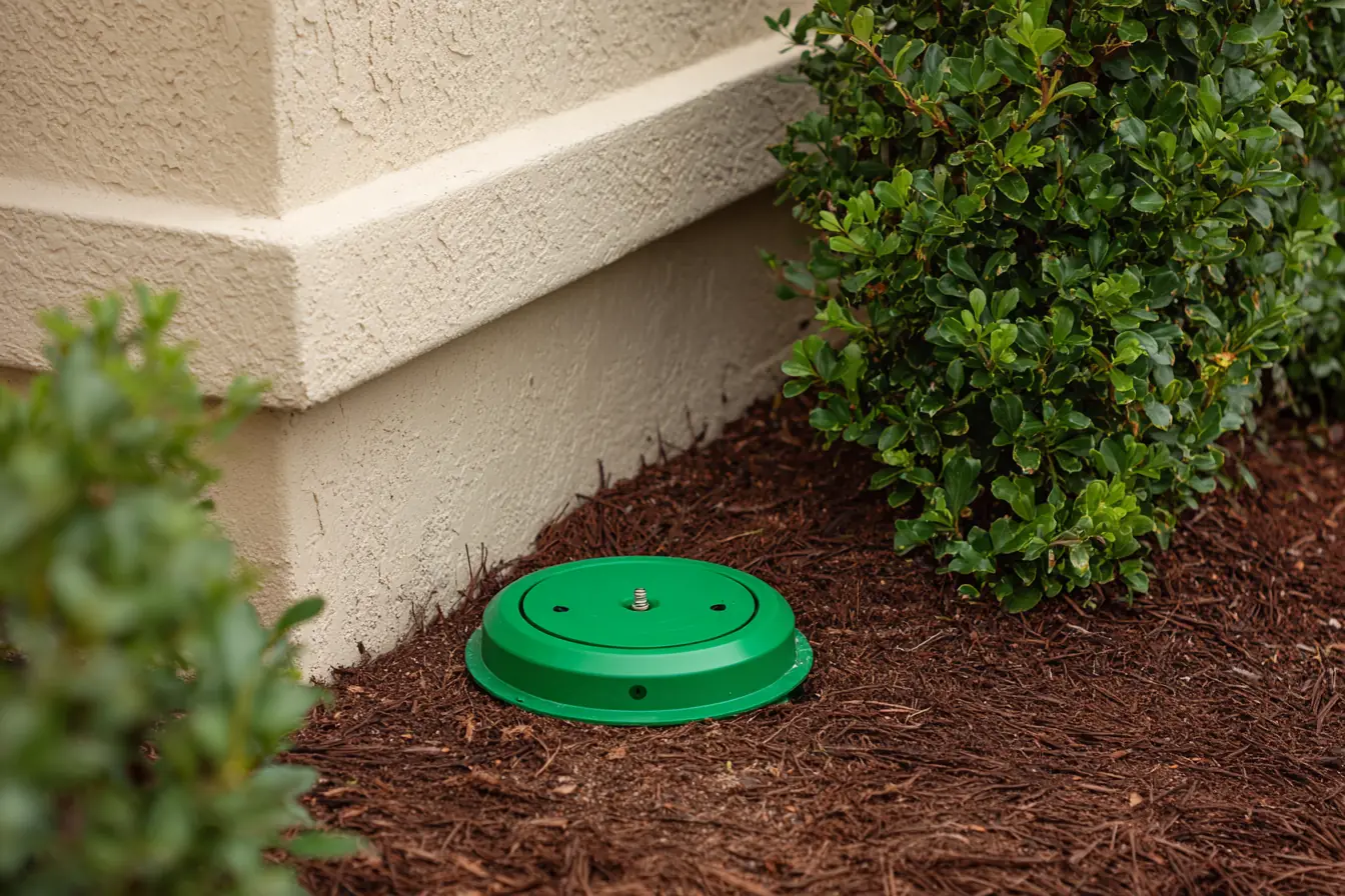 A termite bait station set in brown mulch beside the stucco foundation of a home, a hedge behind it