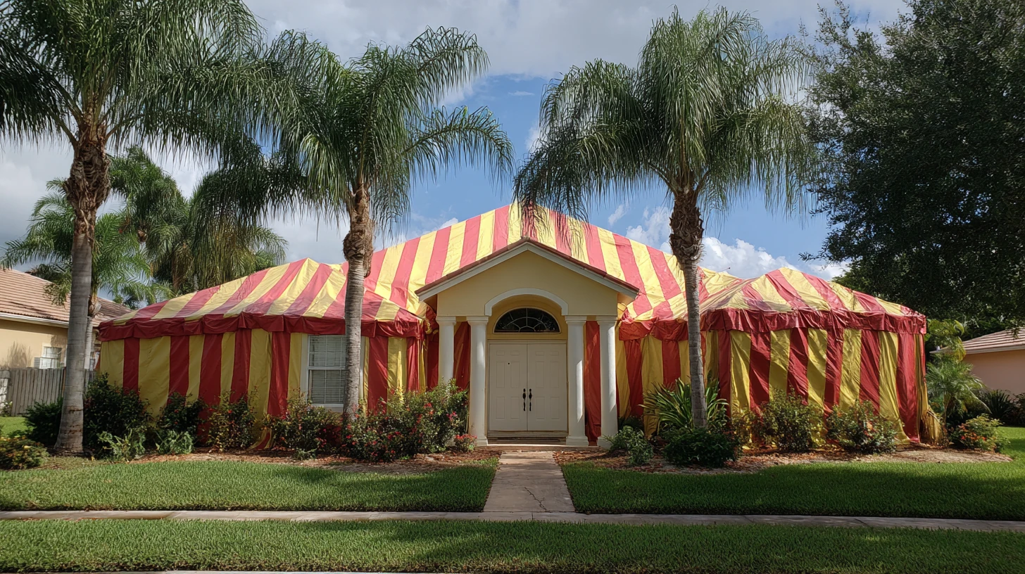 A one-story Southwest Florida home seen straight-on, wrapped in a striped fumigation tent for drywood termites, palms beside it