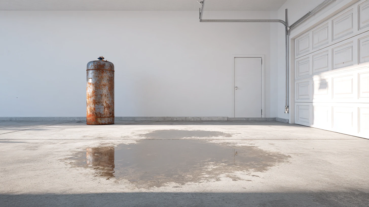 A Southwest Florida garage seen straight-on, an old rusted water heater in the corner and water spreading across the gray concrete floor