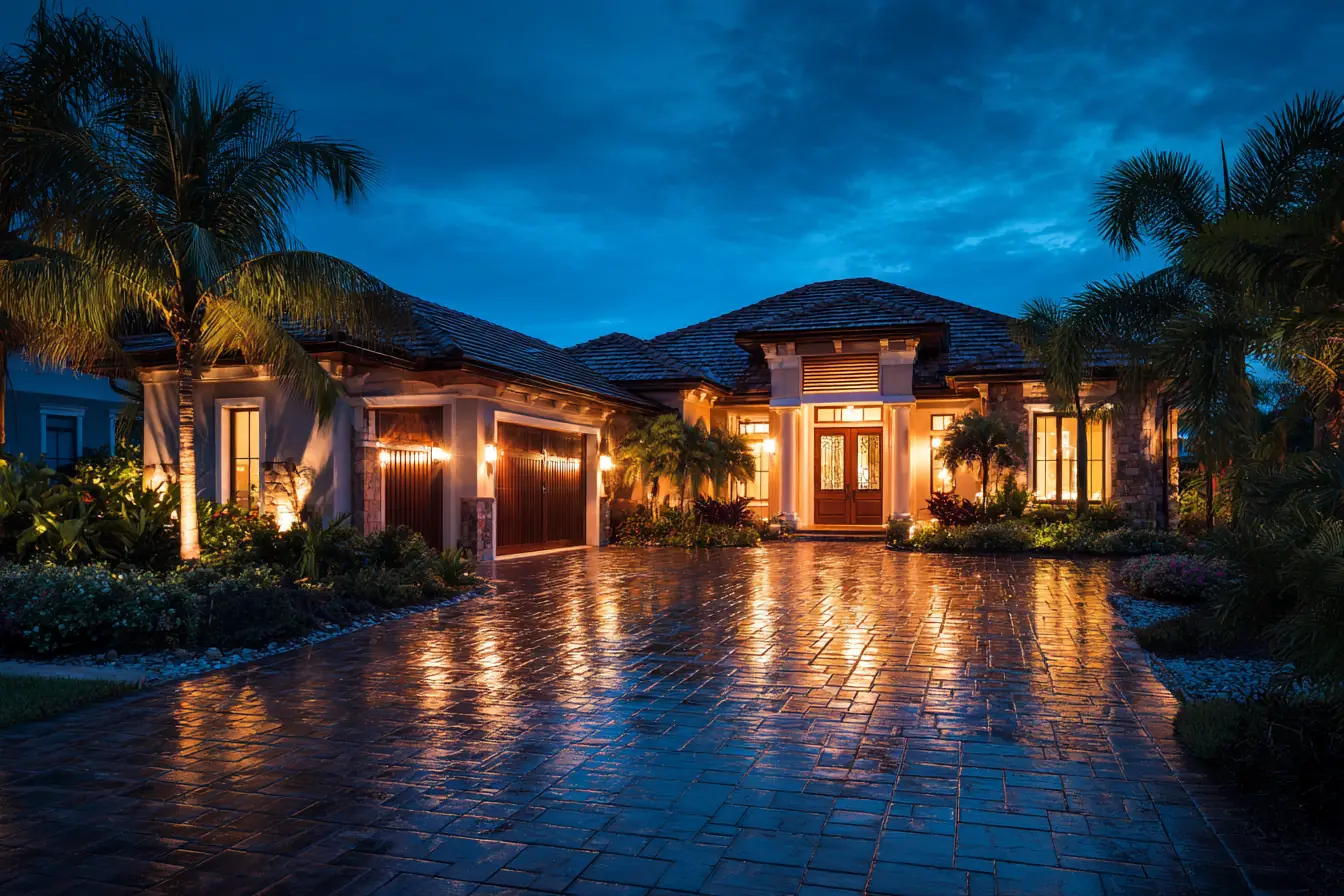 A tile-roofed Southwest Florida home at night, porch and garage lights on, rain on the driveway reflecting the glow
