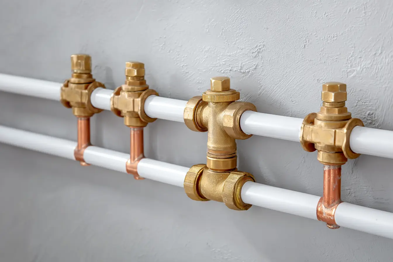 New copper and white PEX water lines with brass shutoff valves running across a freshly repiped utility wall