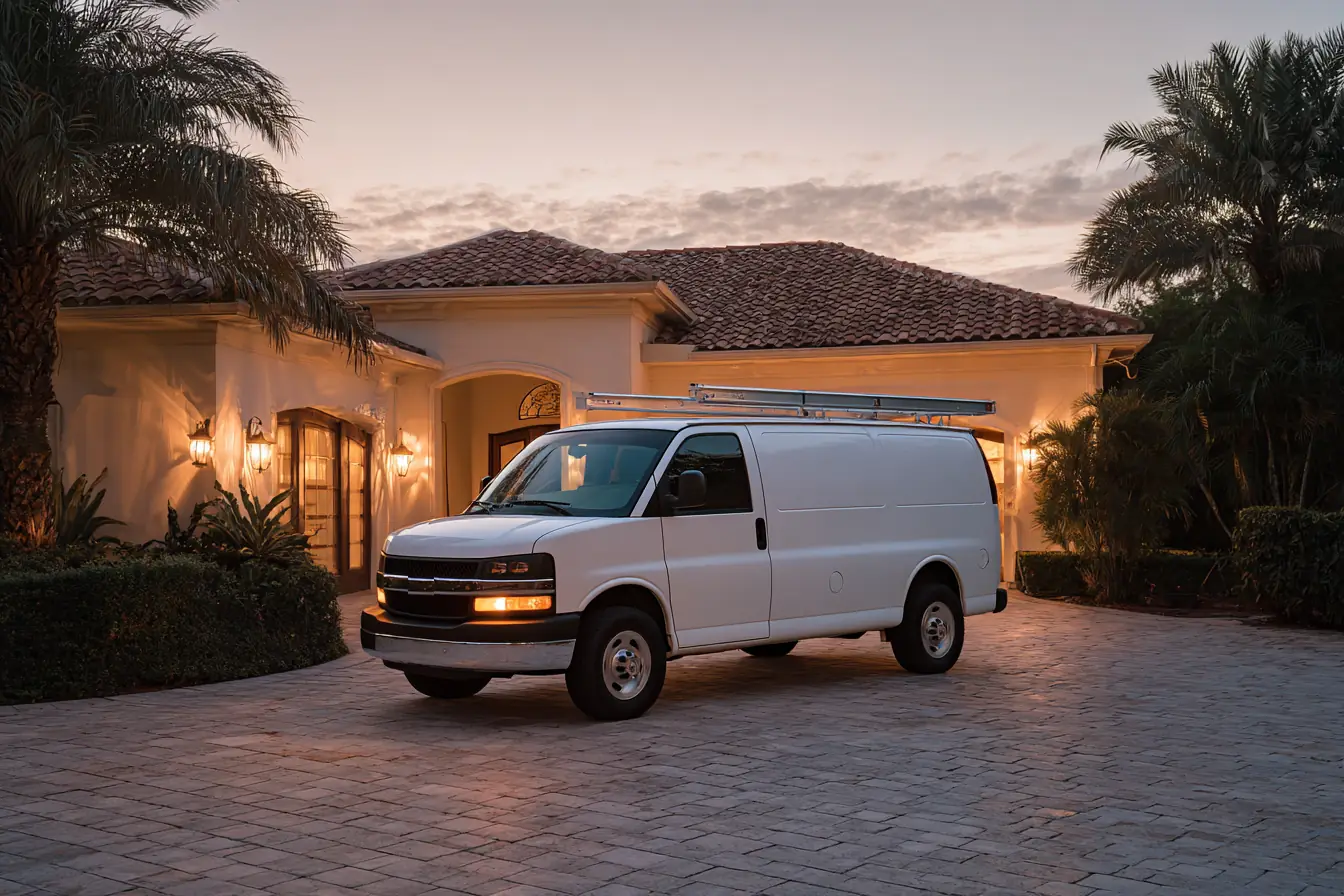 An unmarked white service van with a ladder rack parked in the paver driveway of a tile-roofed Florida home at dusk
