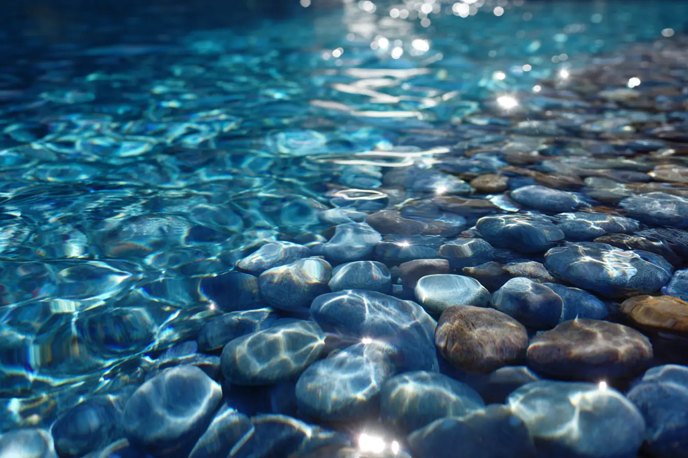 Close view of a pebble pool interior under clear blue water, sunlight rippling across the finish