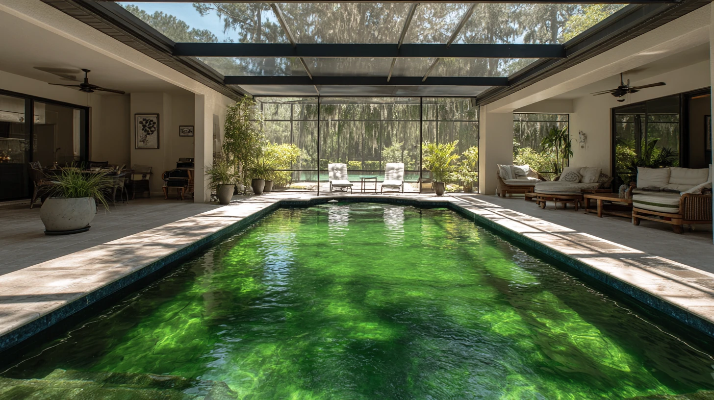 A backyard pool under a screen enclosure seen straight-on, its water murky green with algae