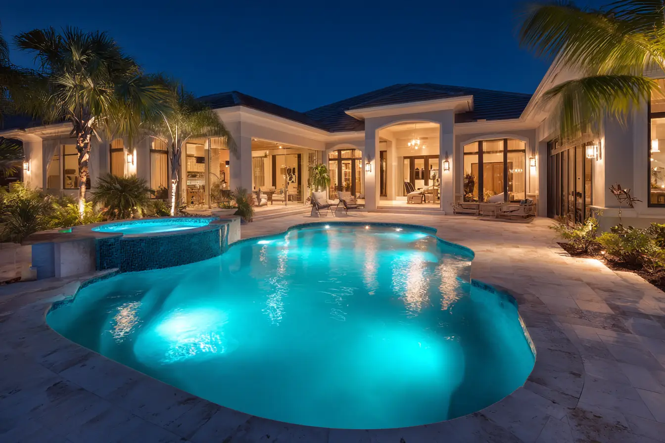 A freeform pool and spa behind a Southwest Florida home at blue hour, underwater lights glowing, palms around the deck