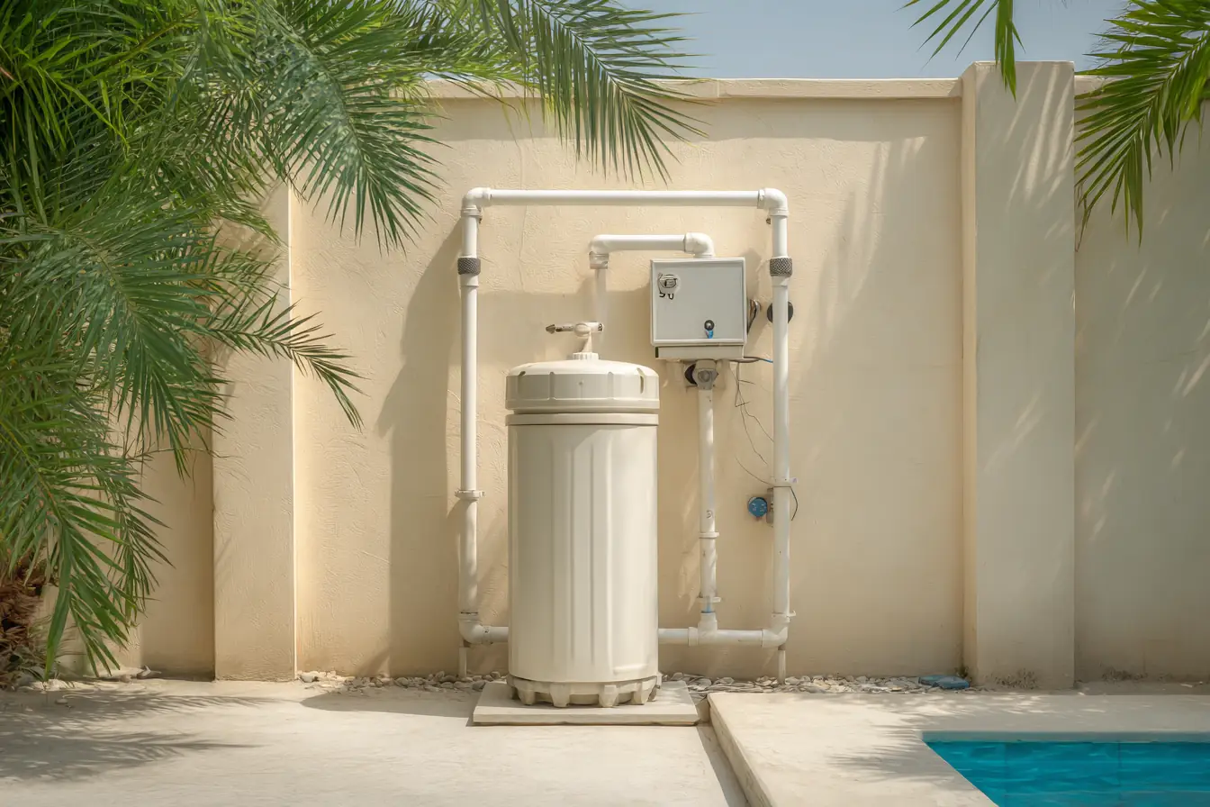 A pool filter tank, white plumbing and a control box against a cream stucco wall, palms above, the pool edge beside it