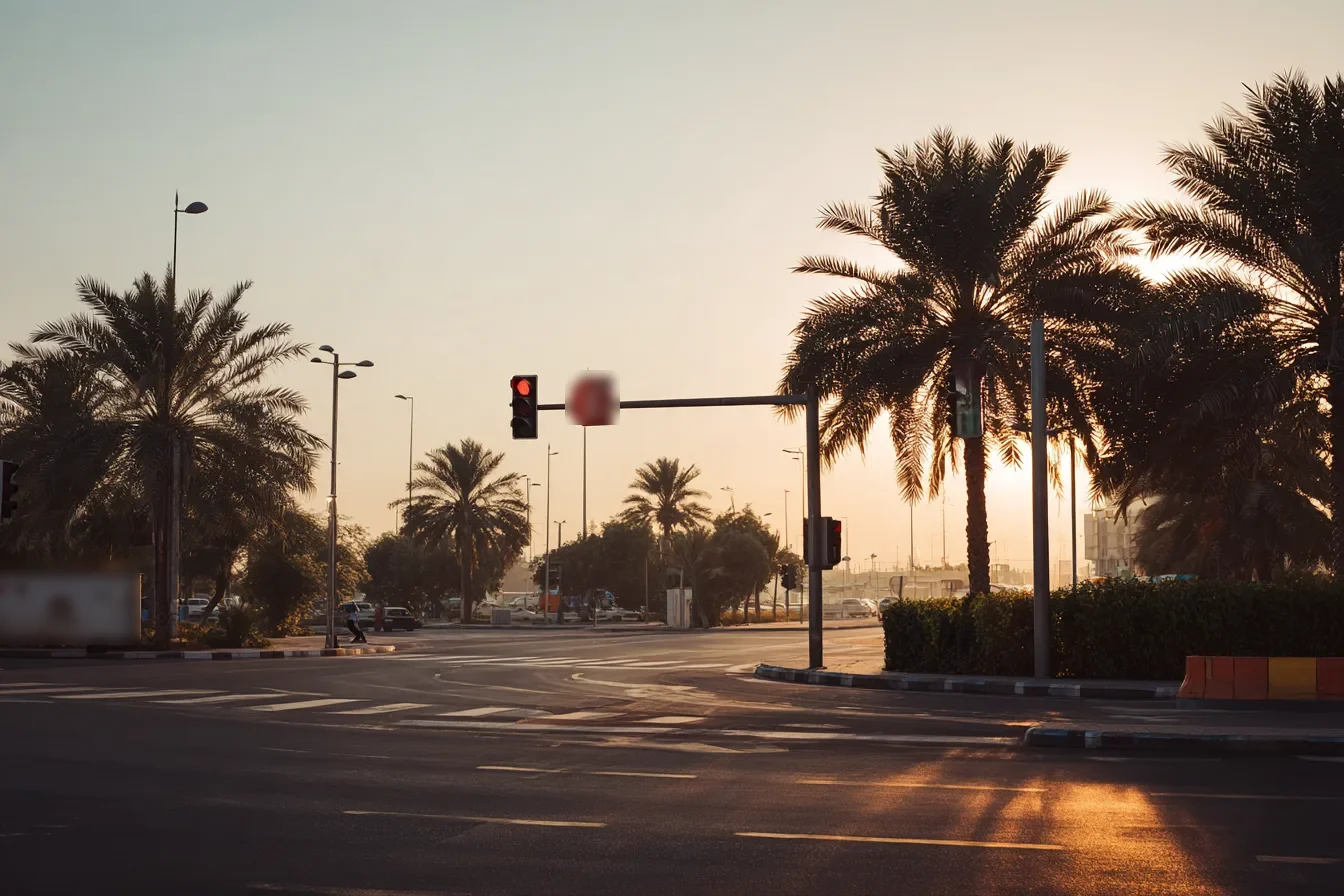 A city intersection at dawn with traffic lights and palm trees