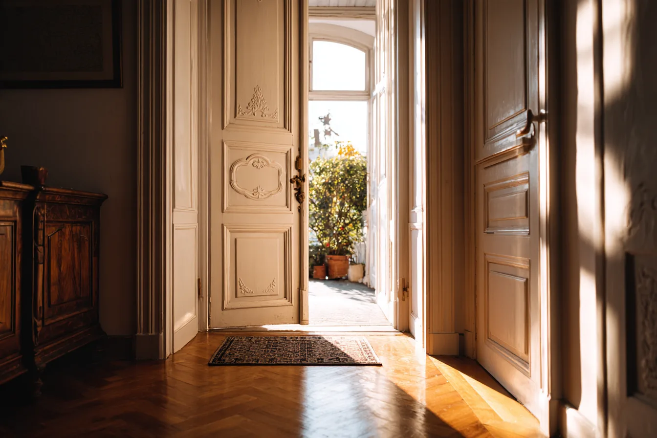 The open front door of a bright home entryway in morning light