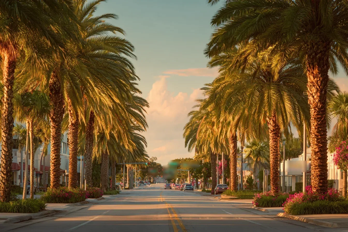 A wide Florida boulevard at golden hour lined with royal palms and light traffic