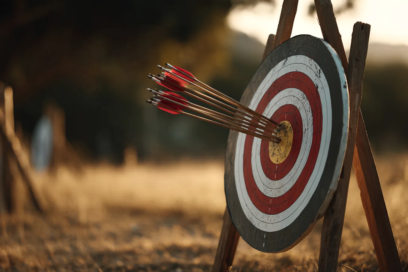 An archery target with arrows clustered near the center in a sunny field