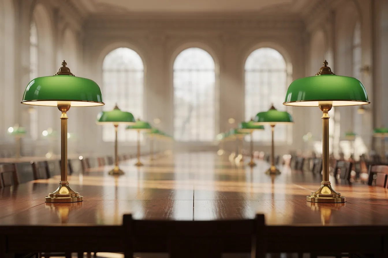 A reading room of long wooden tables and green lamps in soft morning light, every seat empty