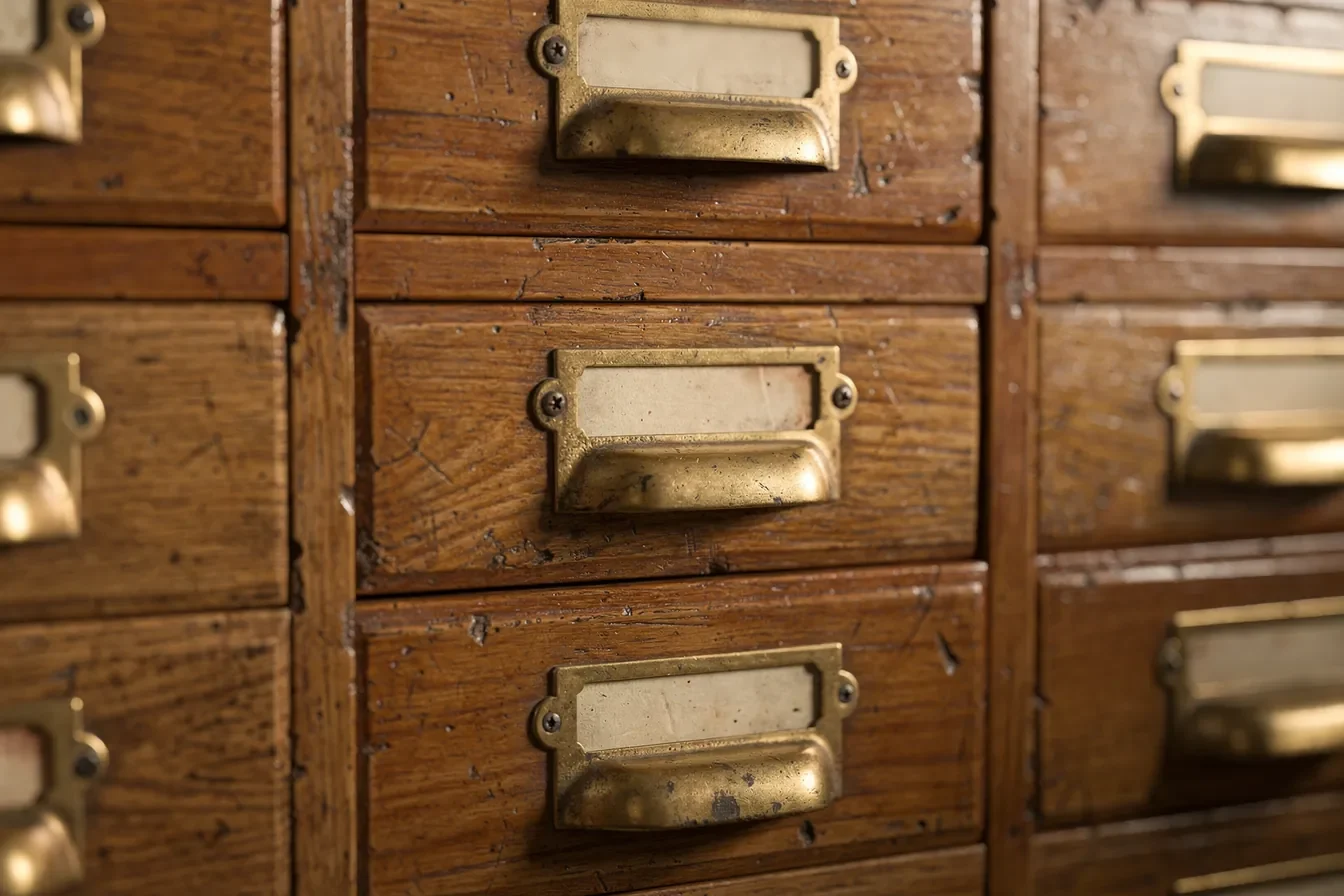 Rows of wooden card-catalog drawers with brass pulls in warm library light