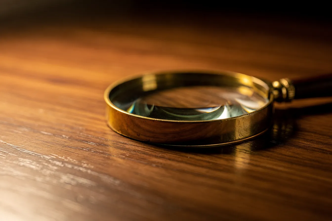 A brass magnifying glass resting on a smooth walnut desk in a pool of lamplight