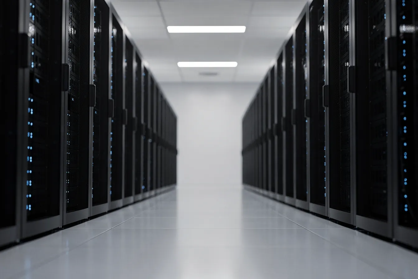 A clean server room aisle with soft blue status lights and a polished floor