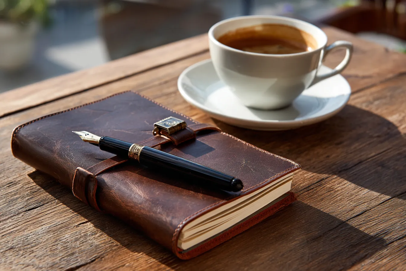 A leather notebook with a fountain pen beside a cup of coffee on a weathered wooden table in warm light