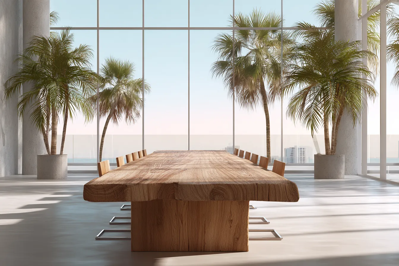 An empty conference room with a long wooden table, potted palms and tall windows over the water in bright daylight