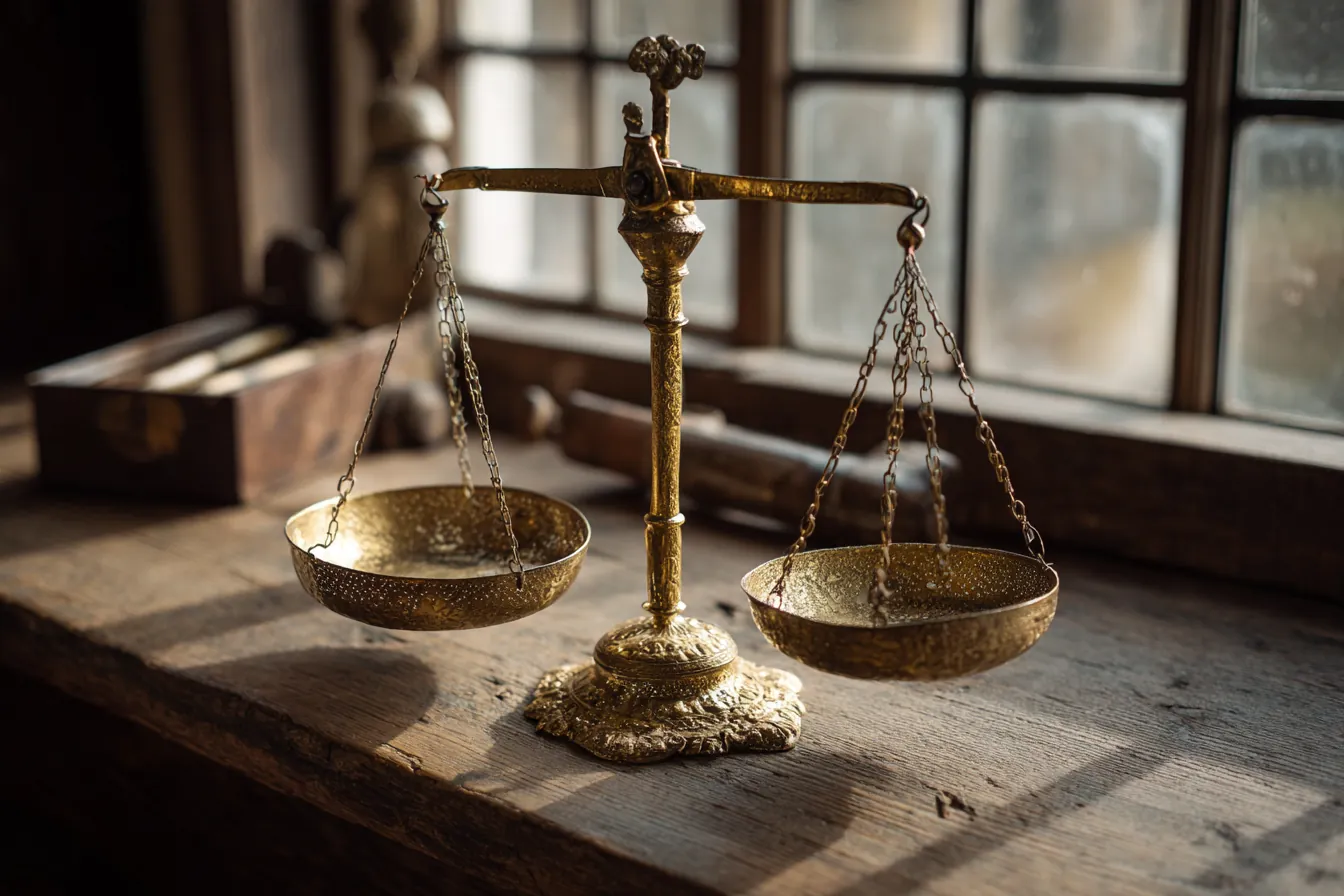 An antique brass balance scale with two empty pans on a wooden sill by a window
